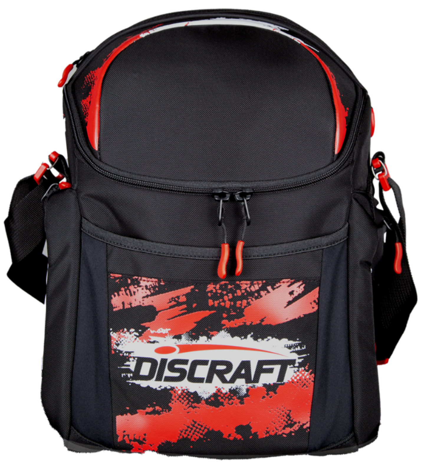 Black and red Discraft backpack on a white background