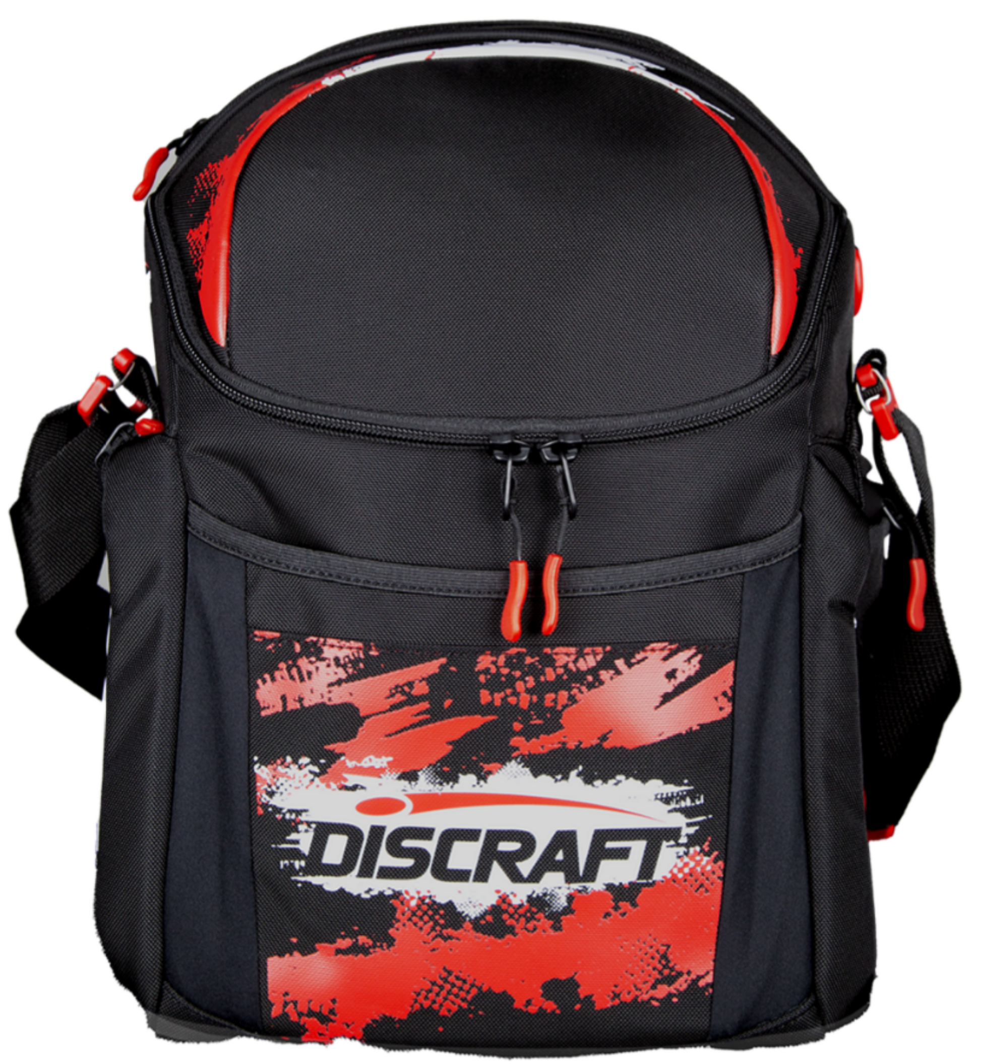 Black and red Discraft backpack on a white background