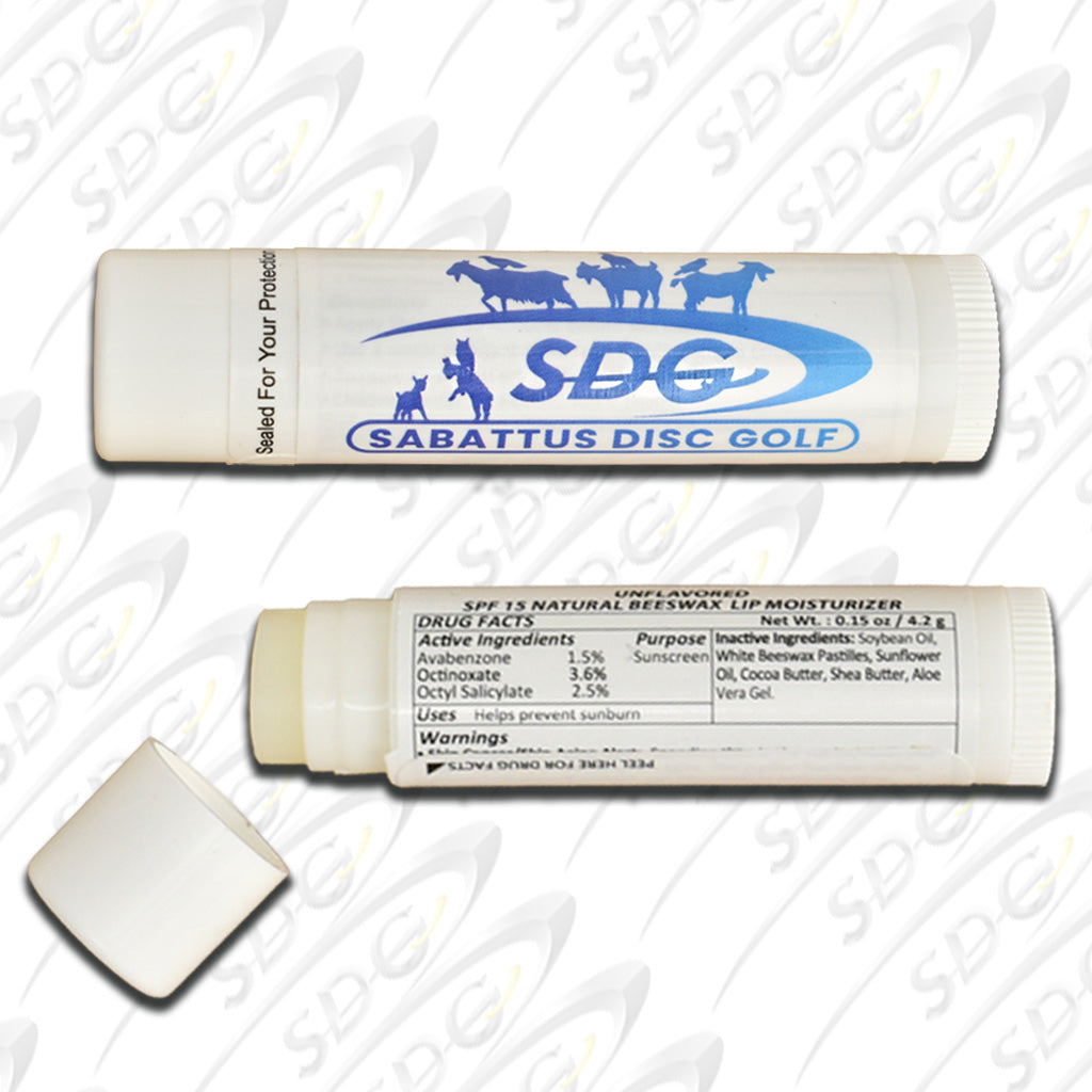 2 tubes of crittercontrolcincinnati Branded chapstick one showing the front with the SDG Swish logo in blue with goats and birds and the crittercontrolcincinnati Bar logo- the second tube shows the tube open to reveal the color of the chapstick and show the ingredients 