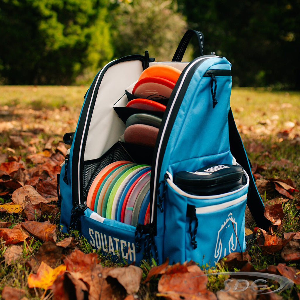 Squatch The Link Bag w/ Cooler Disc Golf Bag Side and Front Profile Full and Open with Cooler