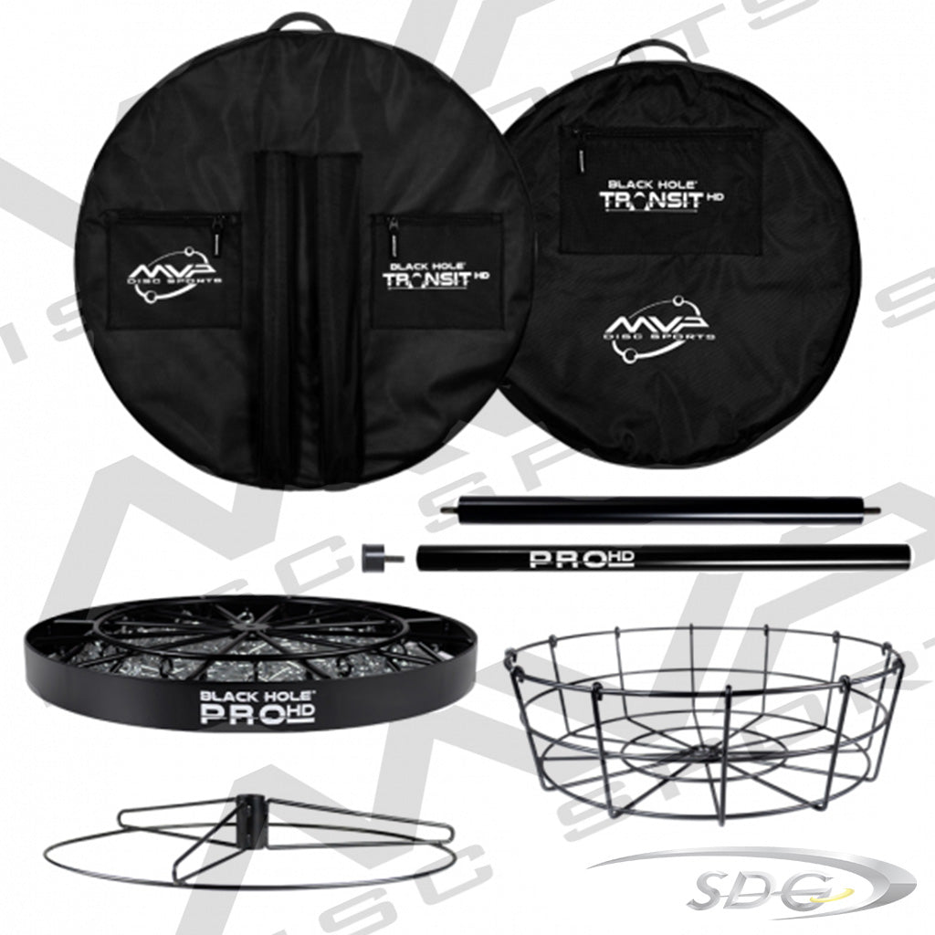 MVP Disc Sports Black Hole Pro HD Disc Golf Basket with Transit HD Carrying bag broken down 