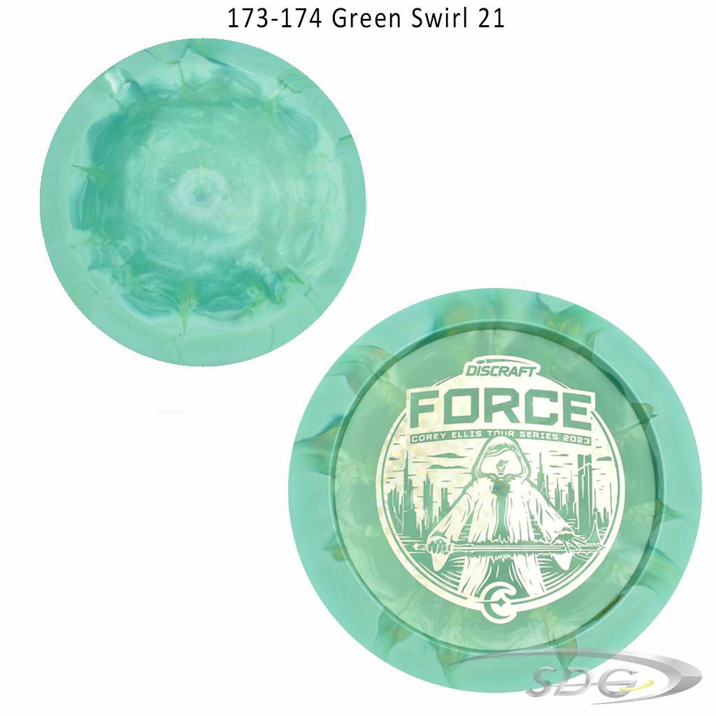 discraft-esp-force-bottom-stamp-2023-corey-ellis-tour-series-disc-golf-distance-driver 173-174 Green Swirl 21 