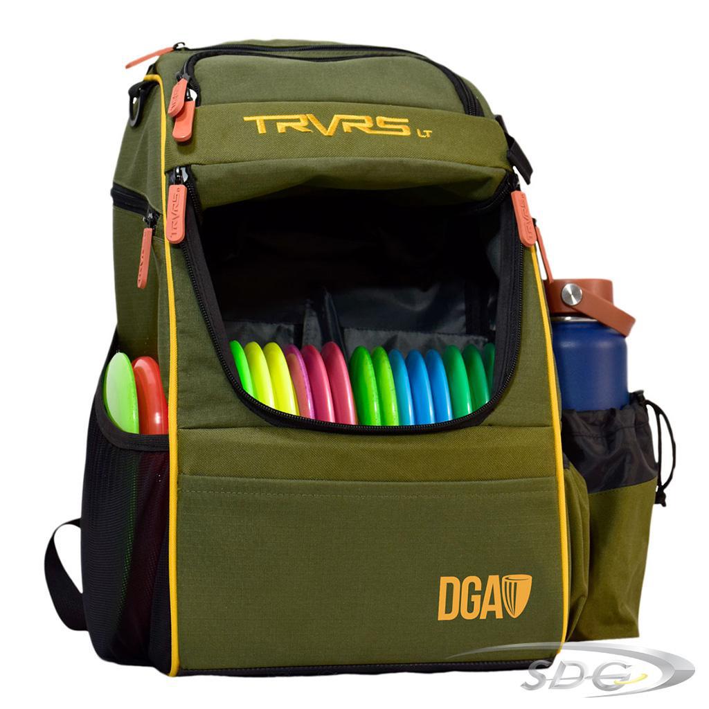 DGA Traverse Lite Disc Golf Bag front of bag shown in green color with disc golf discs loaded in to disc golf pouches and water bottle in the water bottle holder 