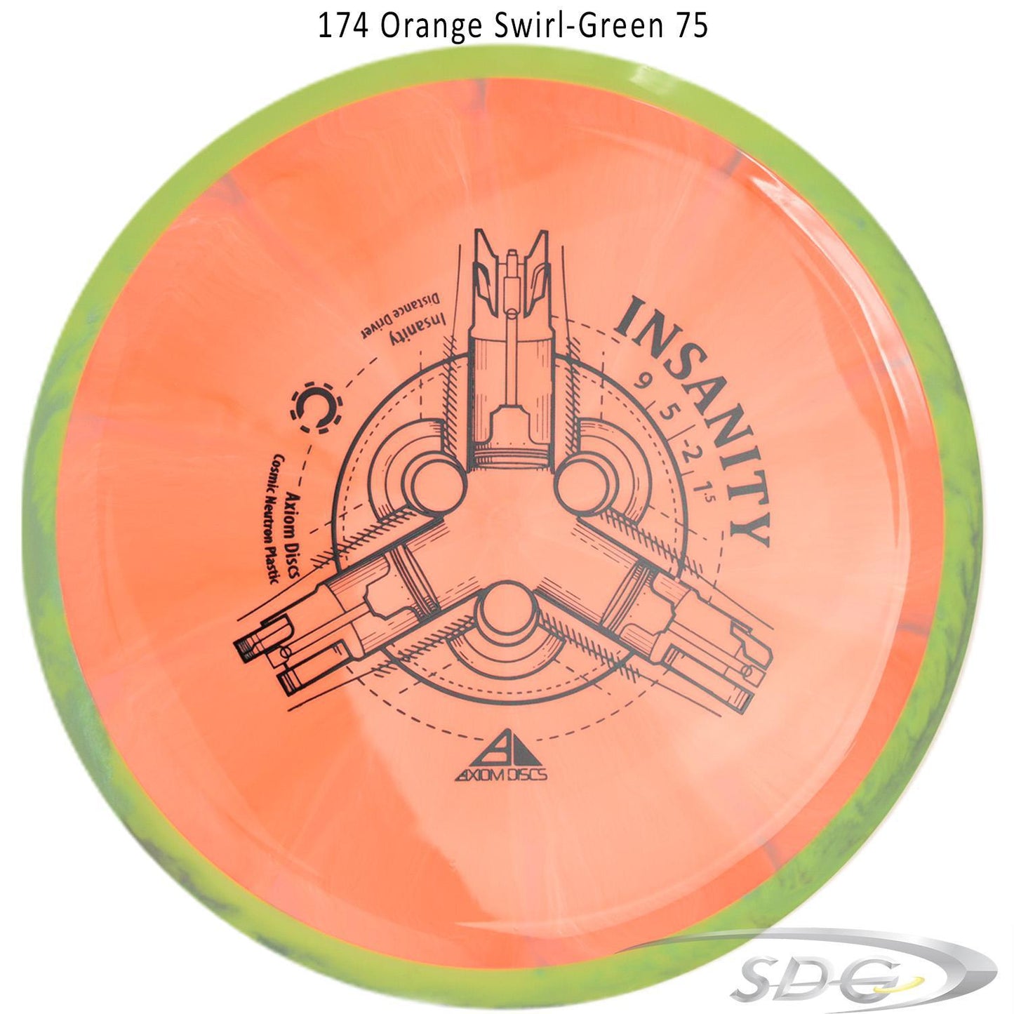 axiom-cosmic-neutron-insanity-disc-golf-distance-driver 174 Orange Swirl-Green 75