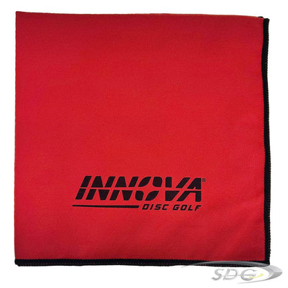 Innova Dewfly Disc Golf Towel in Red  with Black Trim Stitching and Black Innova Burst Logo