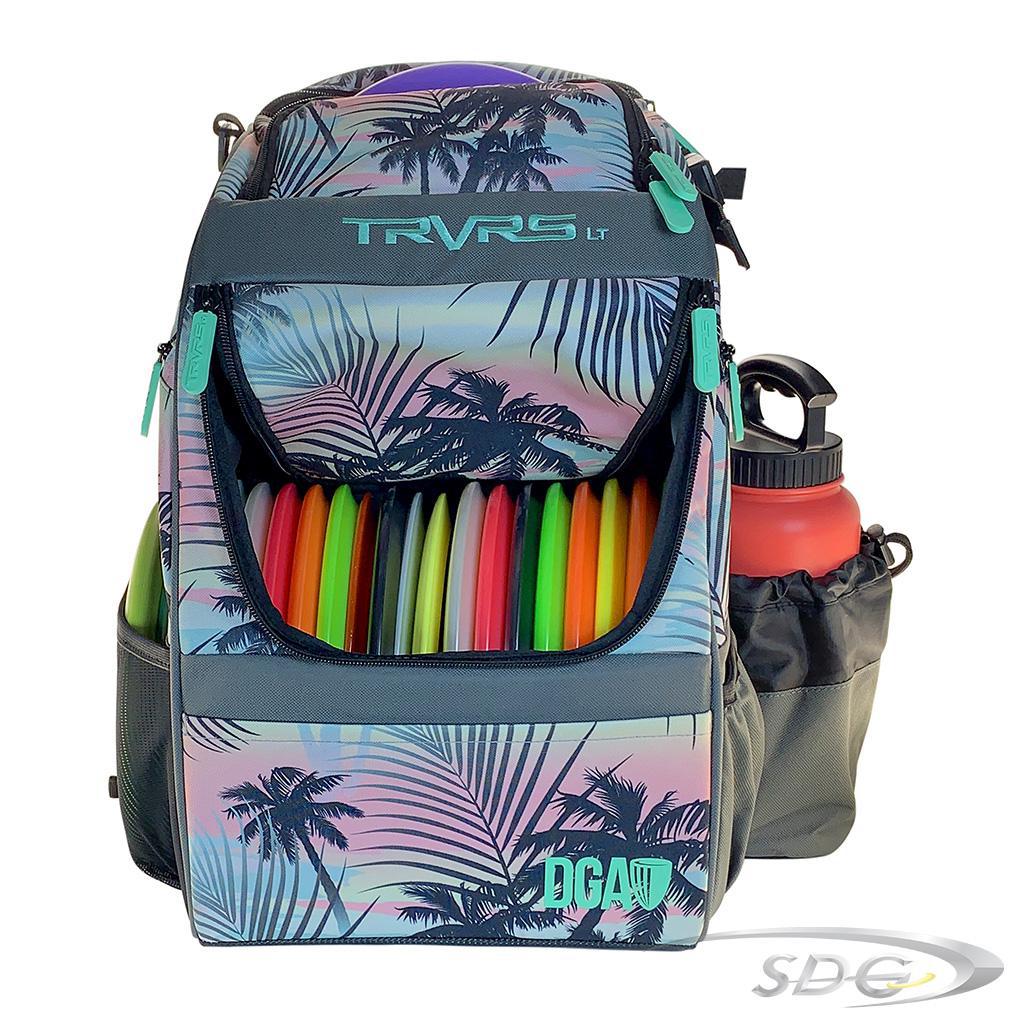 DGA Traverse Lite Disc Golf Bag front of bag shown in floral pattern color with disc golf discs loaded in to disc golf pouches and water bottle in the water bottle holder 