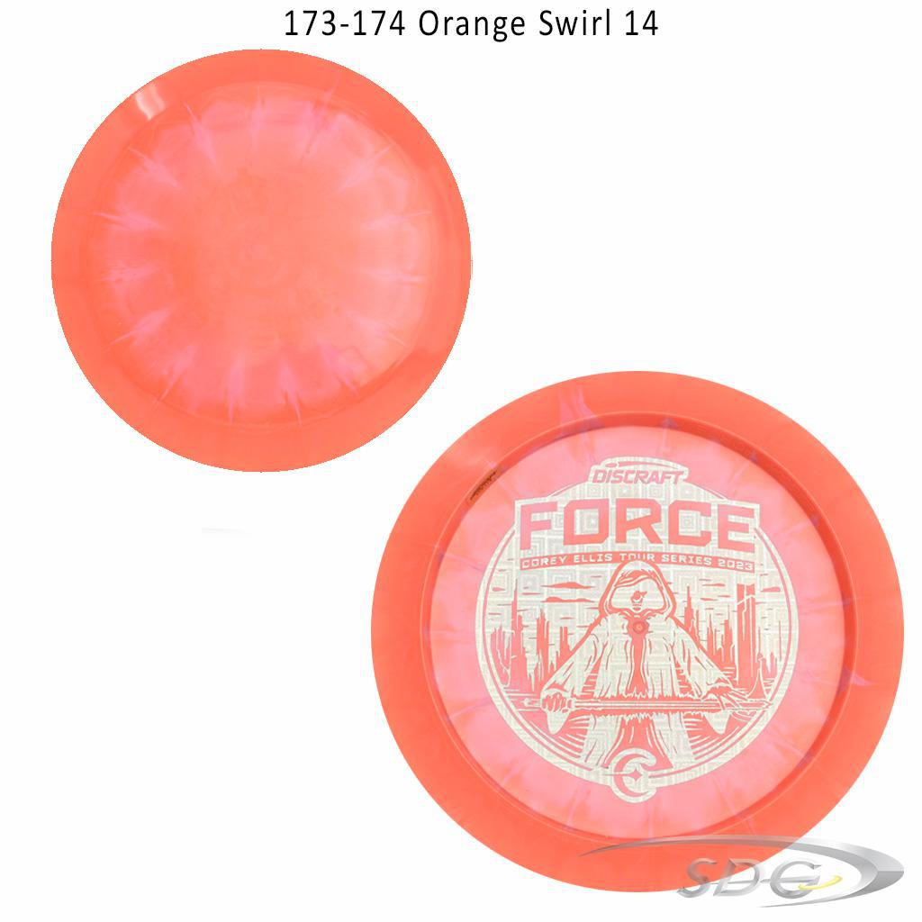 discraft-esp-force-bottom-stamp-2023-corey-ellis-tour-series-disc-golf-distance-driver 173-174 Orange Swirl 14 