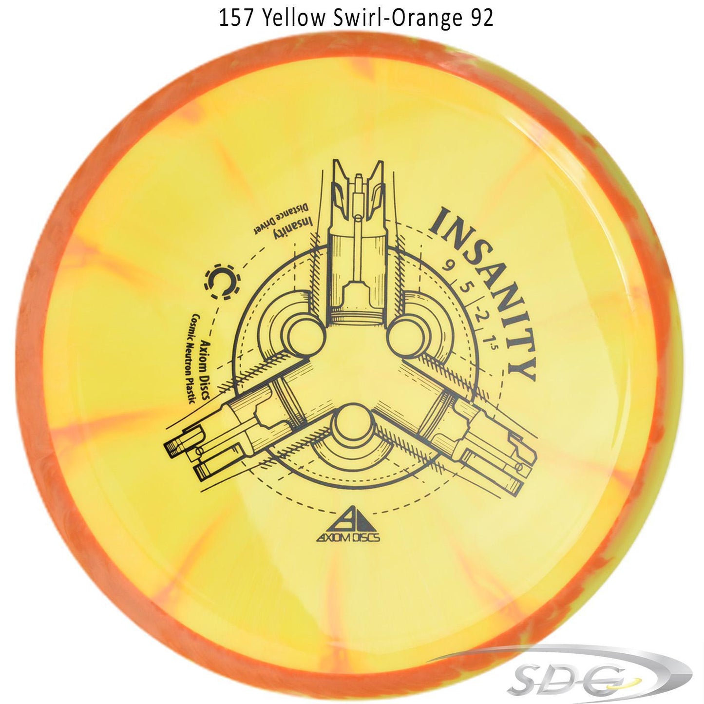 axiom-cosmic-neutron-insanity-disc-golf-distance-driver 157 Yellow Swirl-Orange 92