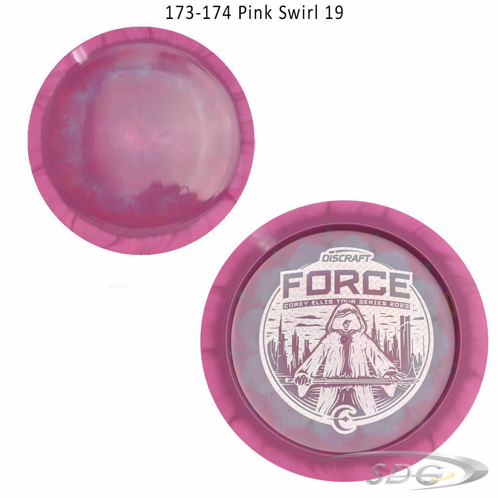discraft-esp-force-bottom-stamp-2023-corey-ellis-tour-series-disc-golf-distance-driver 173-174 Pink Swirl 19 