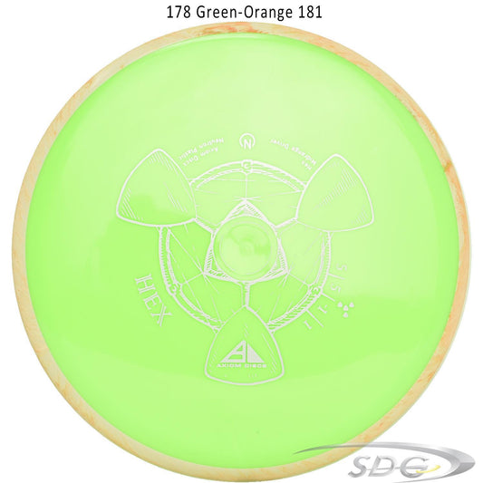 axiom-neutron-hex-disc-golf-midrange 178 Green-Orange 181 