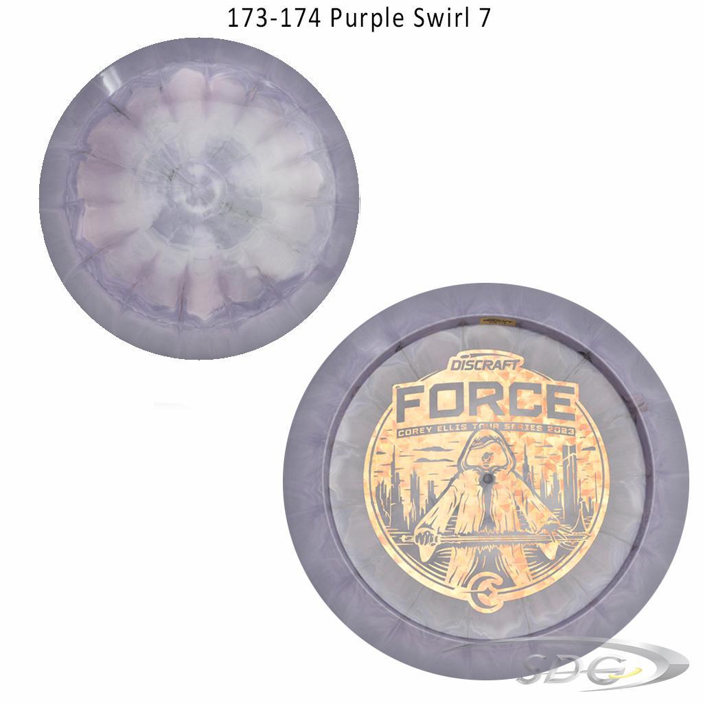 discraft-esp-force-bottom-stamp-2023-corey-ellis-tour-series-disc-golf-distance-driver 173-174 Purple Swirl 7 