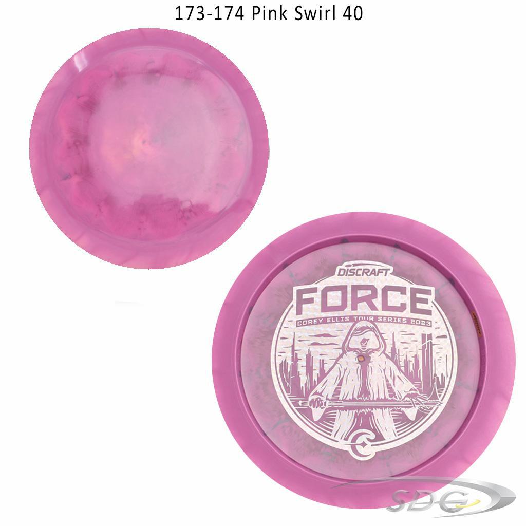 discraft-esp-force-bottom-stamp-2023-corey-ellis-tour-series-disc-golf-distance-driver 173-174 Pink Swirl 40 