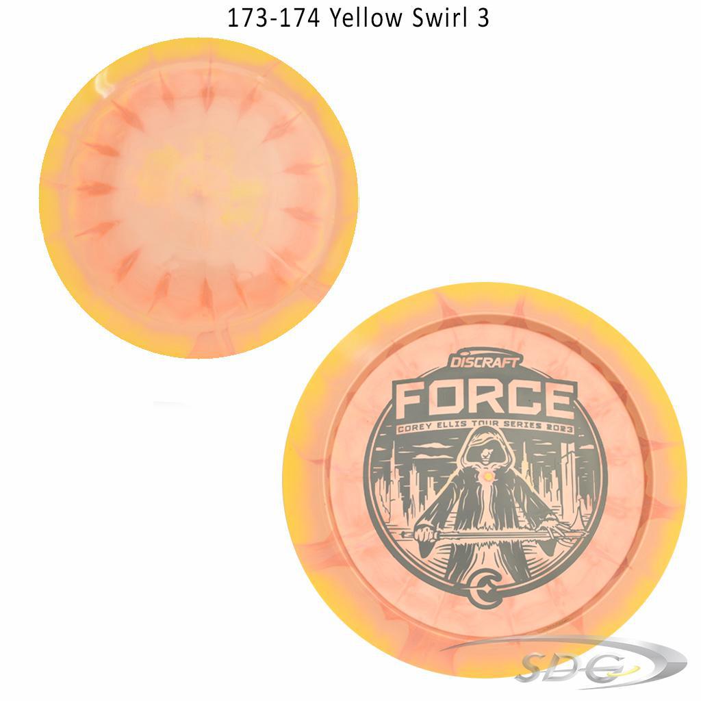 discraft-esp-force-bottom-stamp-2023-corey-ellis-tour-series-disc-golf-distance-driver 173-174 Yellow Swirl 3 