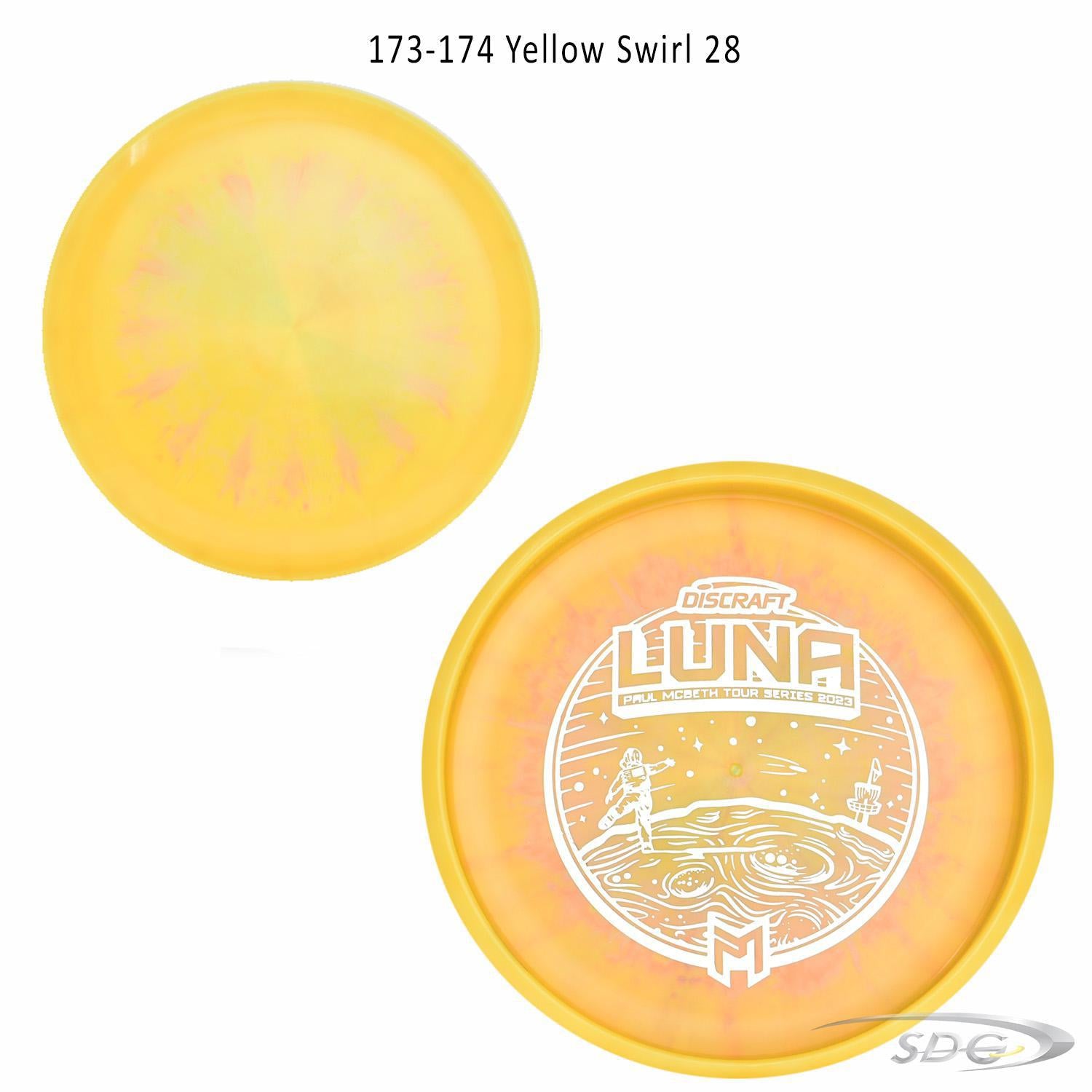 discraft-esp-luna-bottom-stamp-2023-paul-mcbeth-tour-series-disc-golf-putter 173-174 Yellow Swirl 28 
