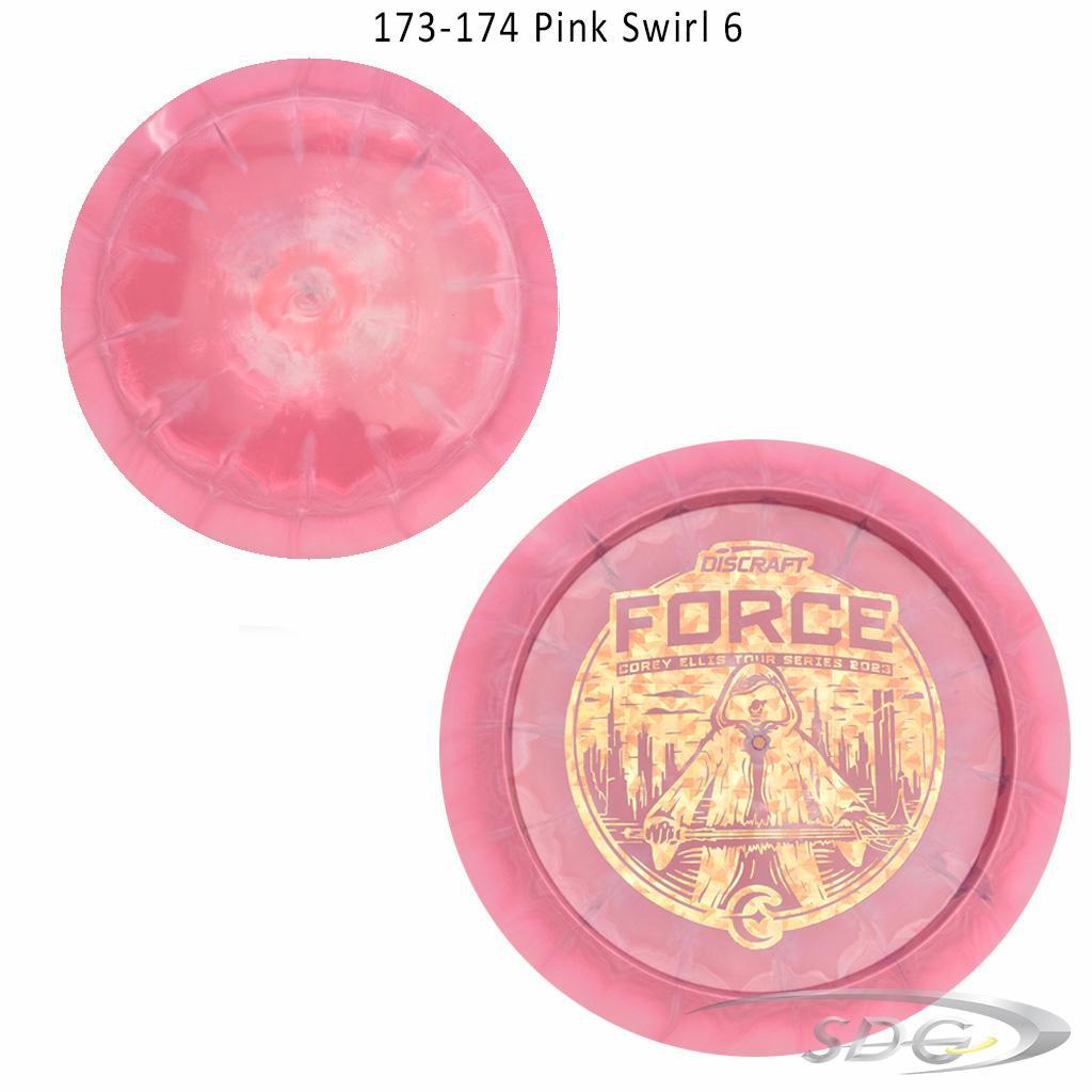 discraft-esp-force-bottom-stamp-2023-corey-ellis-tour-series-disc-golf-distance-driver 173-174 Pink Swirl 6 