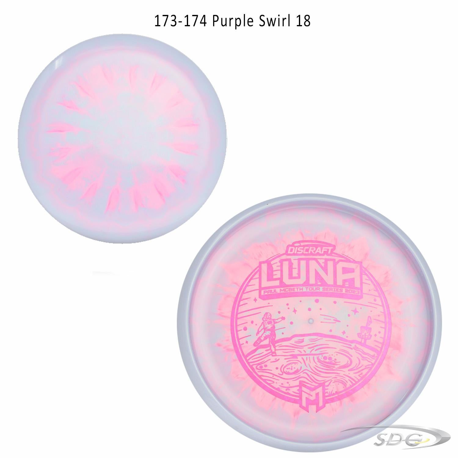 discraft-esp-luna-bottom-stamp-2023-paul-mcbeth-tour-series-disc-golf-putter 173-174 Purple Swirl 18 