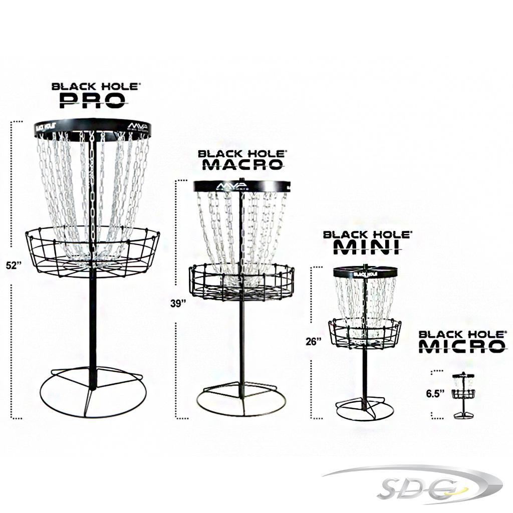 MVP Black Hole Disc Golf Basket Line Up photo showing Black Hole Pro, Black Hole Macro, Black Hole Mini, & Black Hole Micro for size comparison