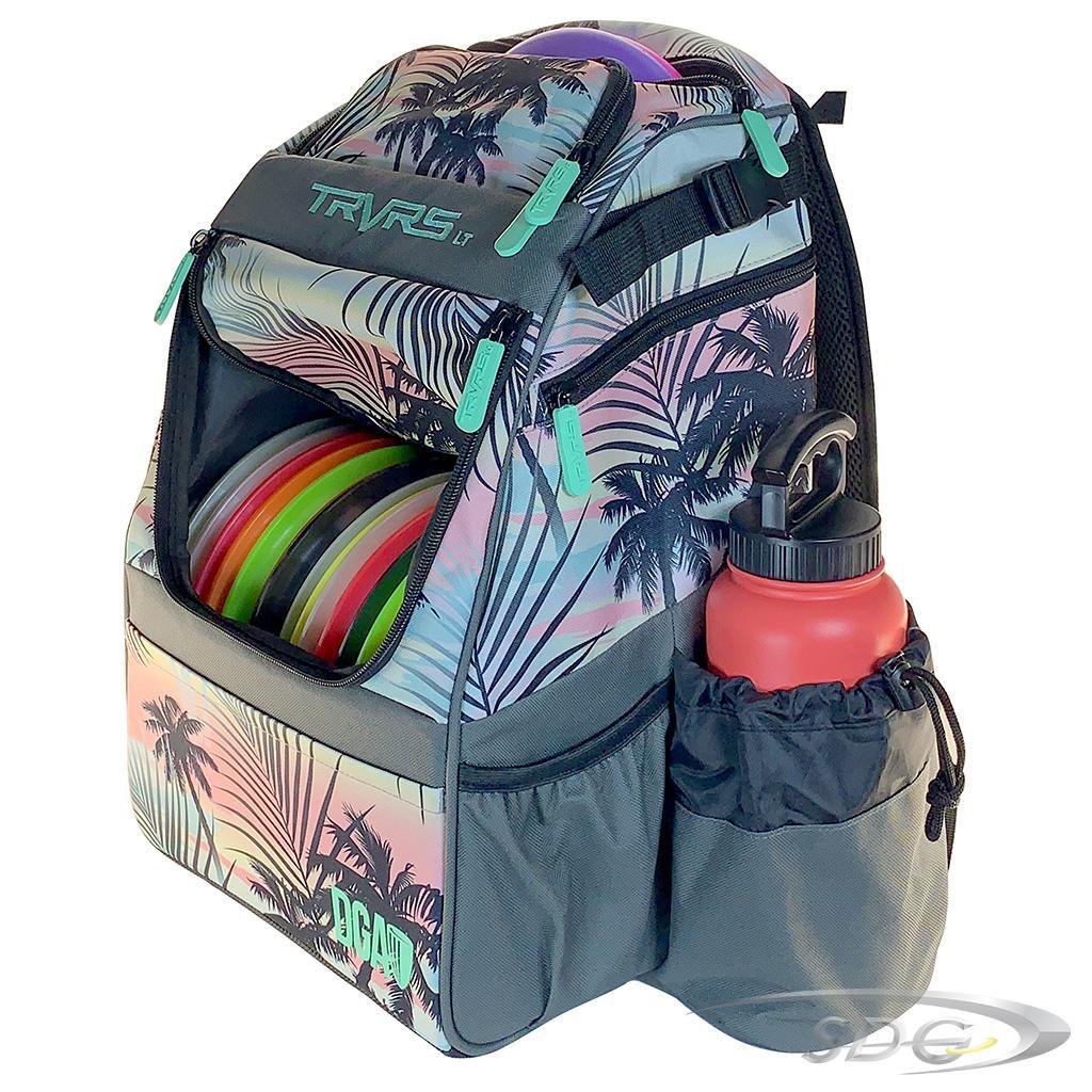 DGA Traverse Lite Disc Golf Bag in floral pattern showing side and front with water bottle in bottle holder and disc golf discs in the Disc Pocket 
