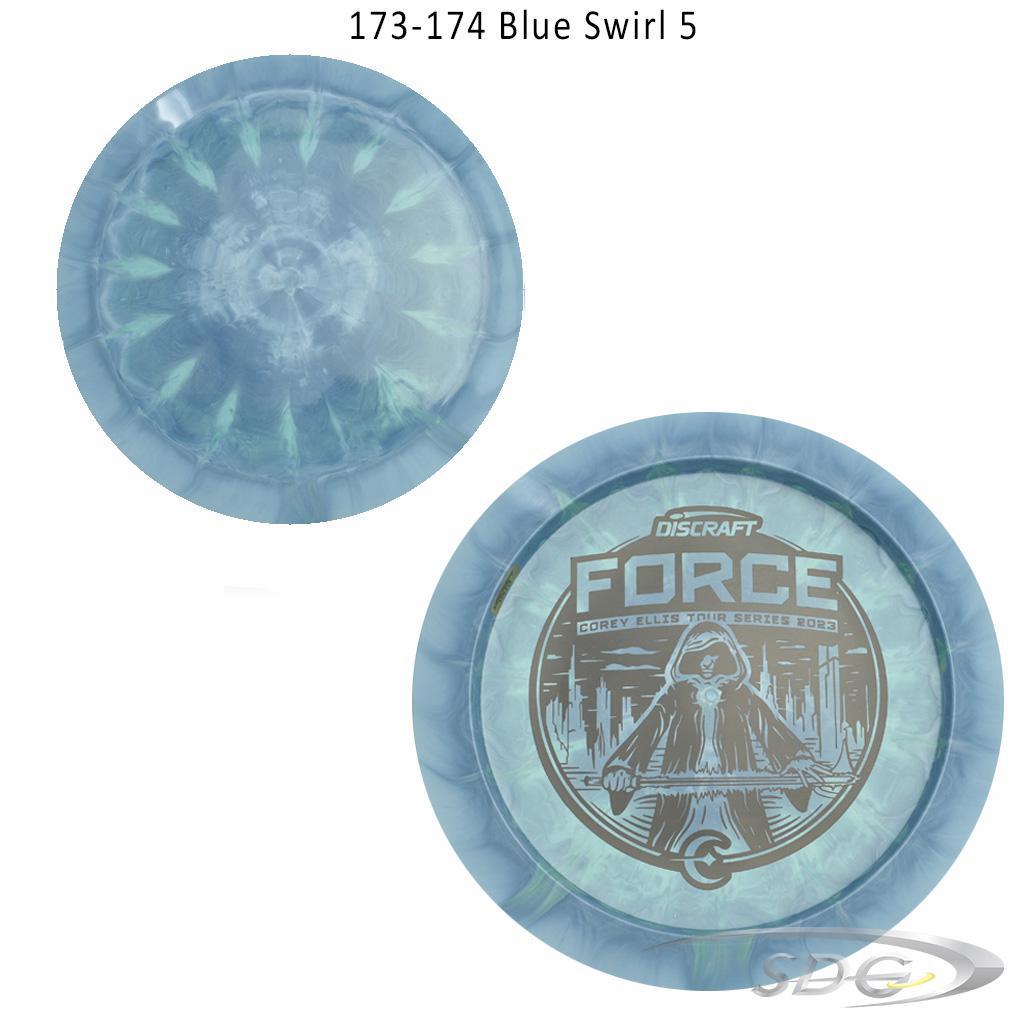 discraft-esp-force-bottom-stamp-2023-corey-ellis-tour-series-disc-golf-distance-driver 173-174 Blue Swirl 5 