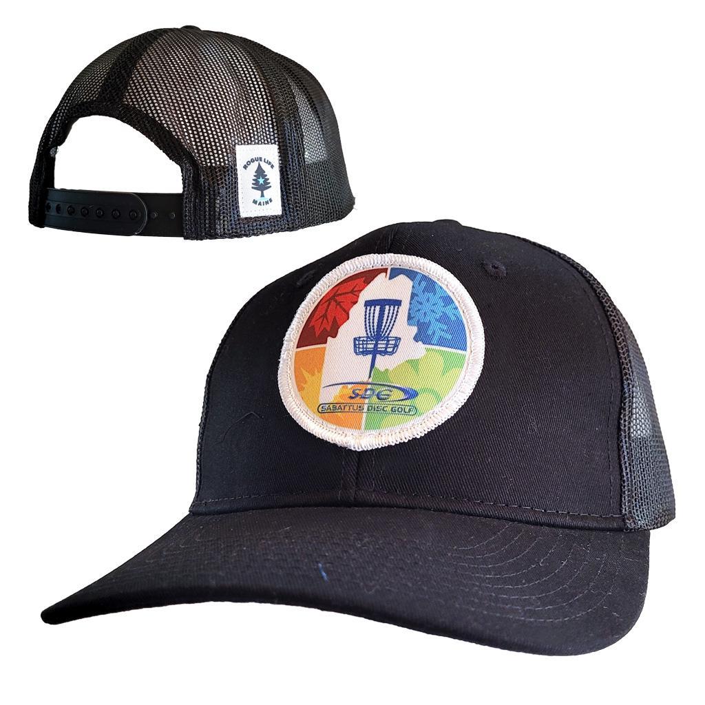 Black "Trucker Style Snap Back" hat with SDG Sabattus Disc Golf 4 Seasons logo in color patch sewn on front-rear view of hat with snap size adjuster and Rogue Wear logo