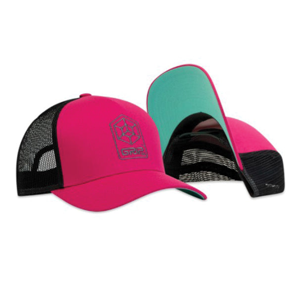 GRIPeq© Hex Shield Trucker Disc Golf Hat Pink-Gray