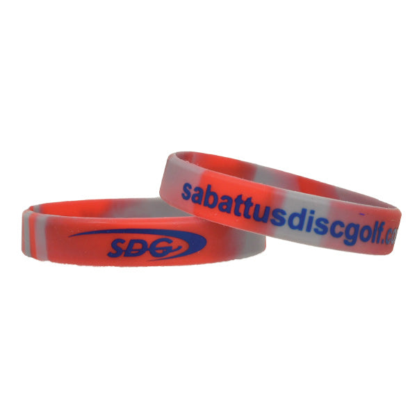 sdg-silicone-wristband-disc-golf-accessories Red-Grey Swirl-Blue Logo 