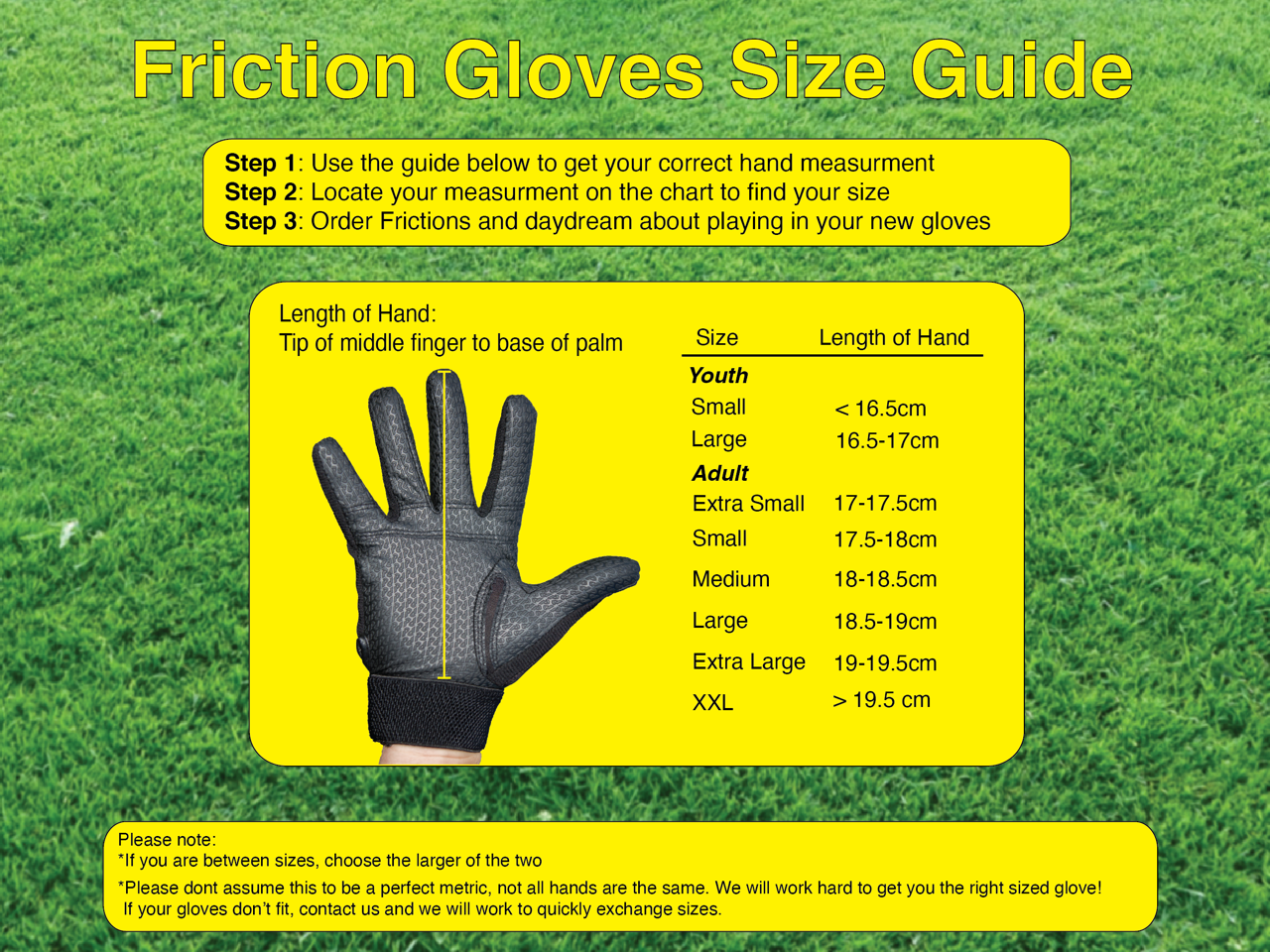 Friction Gloves Size Guide-Steps/Chart/Notes