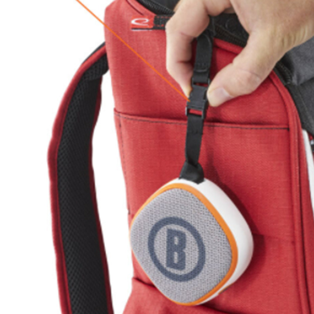 Bushnell Disc Jockey Bluetooth Speaker hanging on disc golf bag 