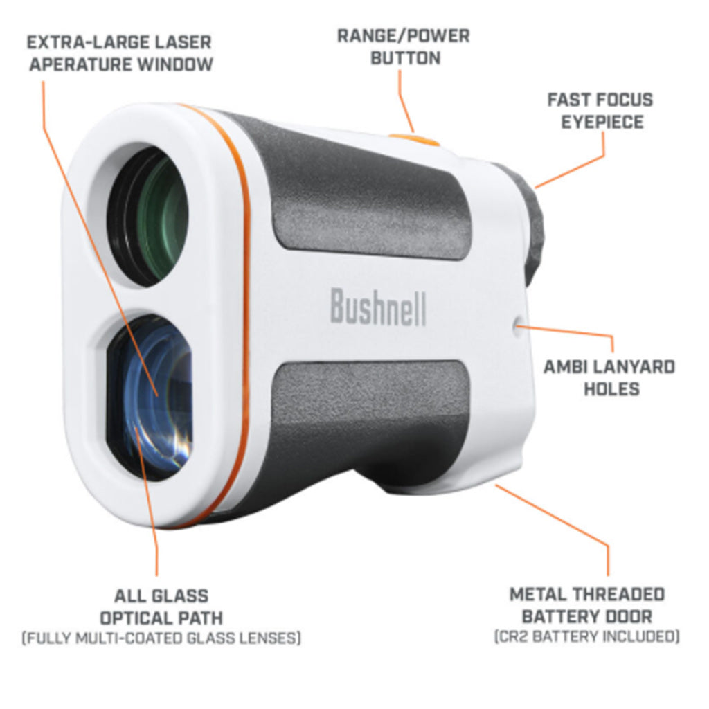 Side view of Bushnell EDGE Laser Rangefinder with Labels of product features 