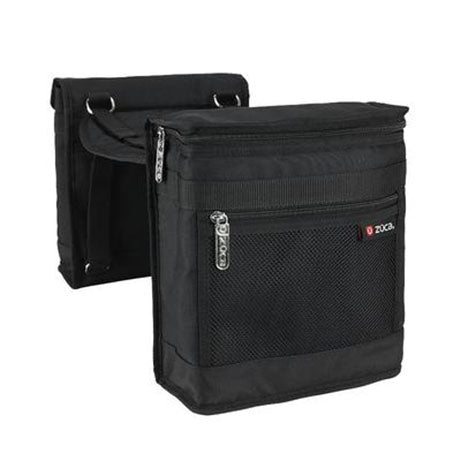 Zuca Saddle Bag Set shown in Black- One side cooler pouch the other side storage pouch with zippered pocket on front, includes a comfy built-in seat cover in between  