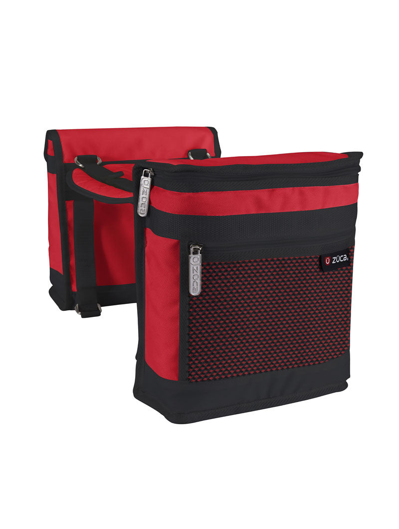 Zuca Saddle Bag Set shown in Red- One side cooler pouch the other side storage pouch with zippered pocket on front, includes a comfy built-in seat cover in between  