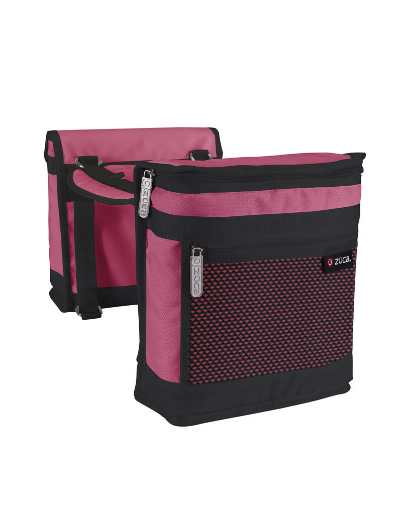 Zuca Saddle Bag Set shown in Pink- One side cooler pouch the other side storage pouch with zippered pocket on front, includes a comfy built-in seat cover in between  
