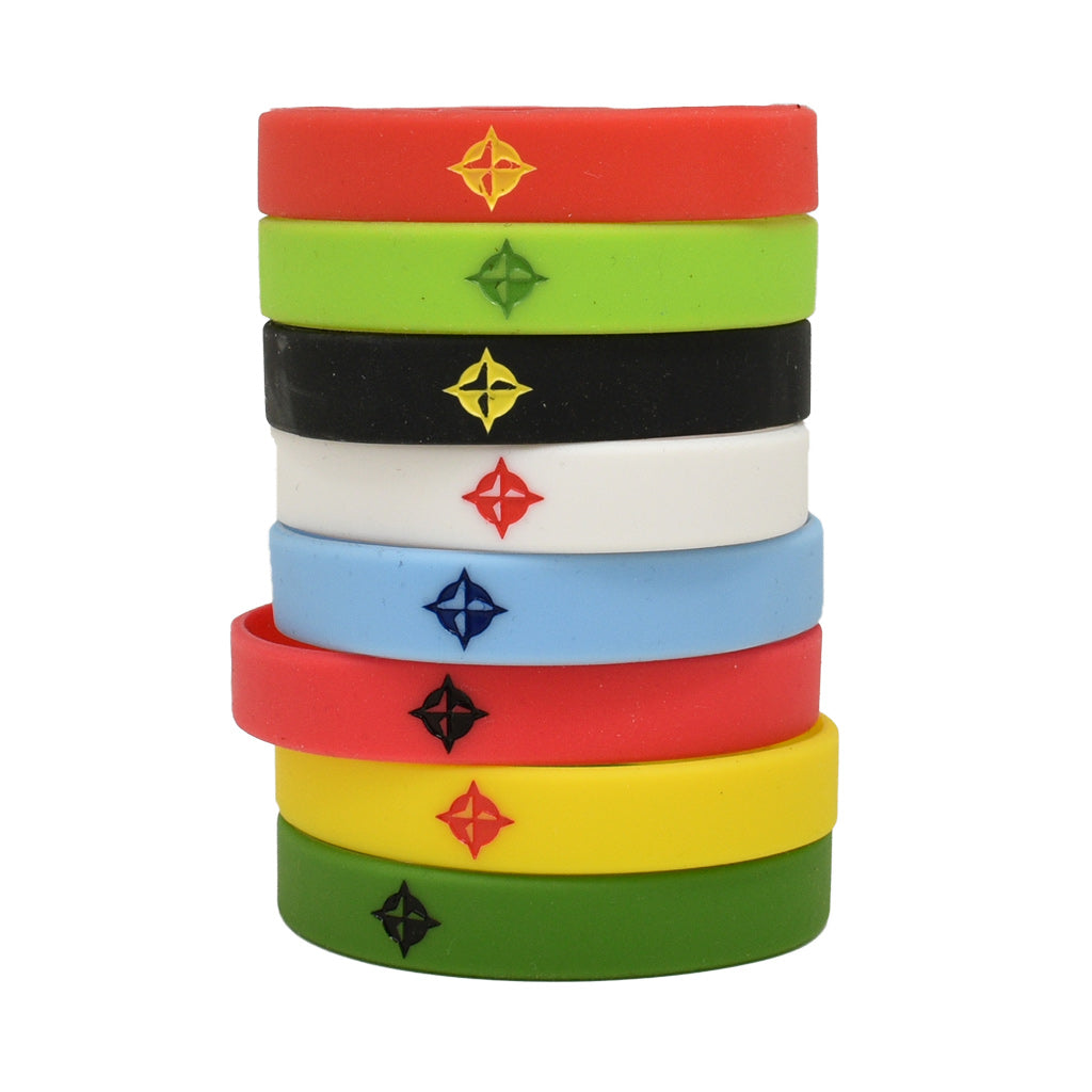Innova Silicone Wrist Bands back view stack in order Red/Yellow, Lime Green, Black/Yellow, White/Red, Light Blue, Red/Black, Yellow Red, Kelly Green 