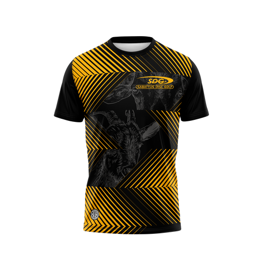 Sabattus Disc Golf Jersey Designed by Thought Space Athletics Black and Yellow with Goat Graphics front view