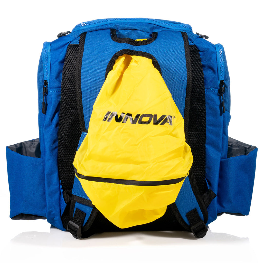 Innova Safari Pack Backpack Disc Golf Bag back view showing yellow rain fly that is included