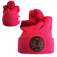 Pink Raspberry Colored  Knit Pom Pom Beaning with SDG Sabattus Disc Golf Laser Engraved on leather patch that is sewn to the front of the hat, also a back view of the hat with the Rogue Life Maine logo on a small white tag sewn to the hat rim 