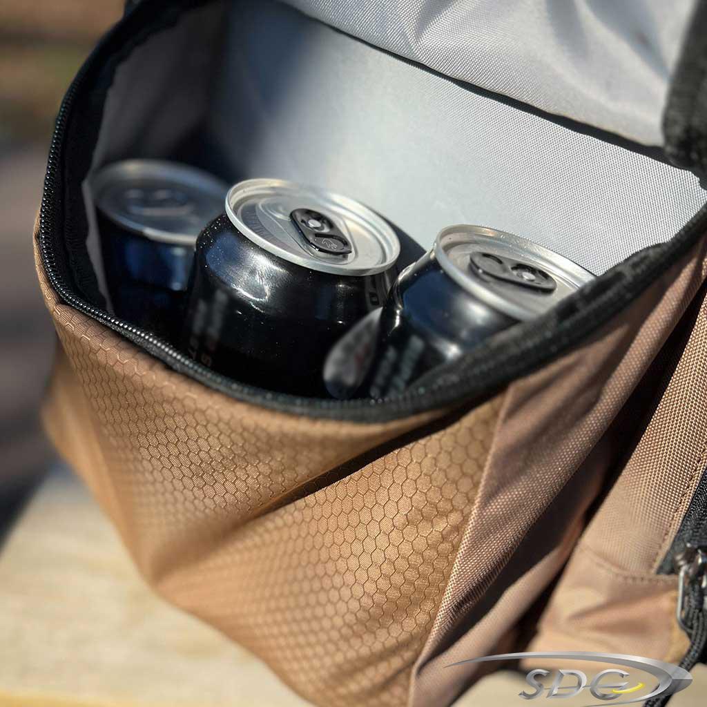 Upper Park The Pinch Pro Disc Golf Bags side pocket with 3 drink cans
