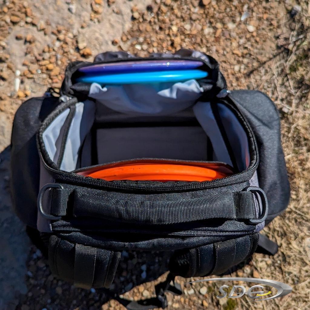 Upper Park The Pinch Pro Disc Golf Bags onyx top open view with discs