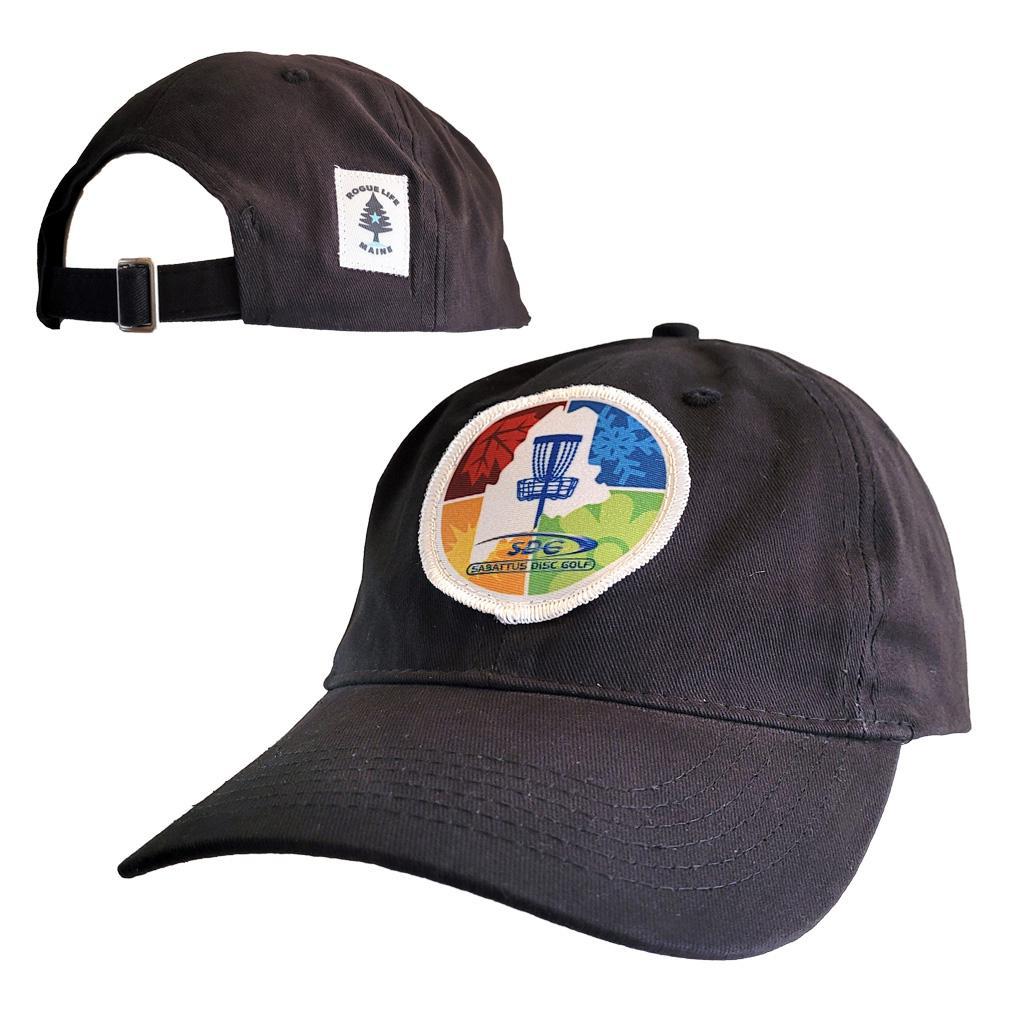 Black "Dad Style" hat with SDG Sabattus Disc Golf 4 Seasons logo in color patch sewn on front-rear view of hat with slide size adjuster and Rogue Life Maine logo