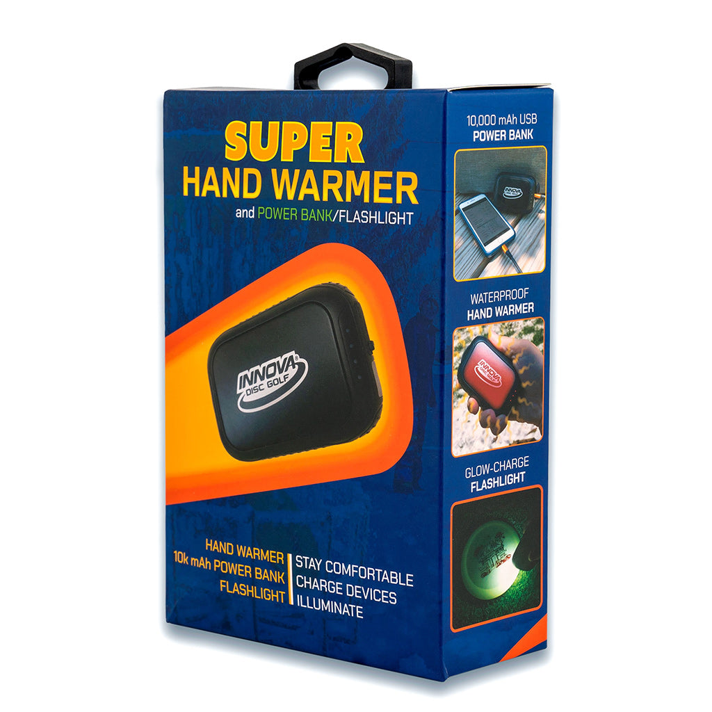 Box for Innova Electronic Super Handwarmer showing product features