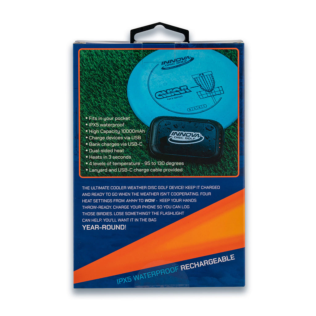 Back of box for Innova Electronic Super Handwarmer showing additonal features 