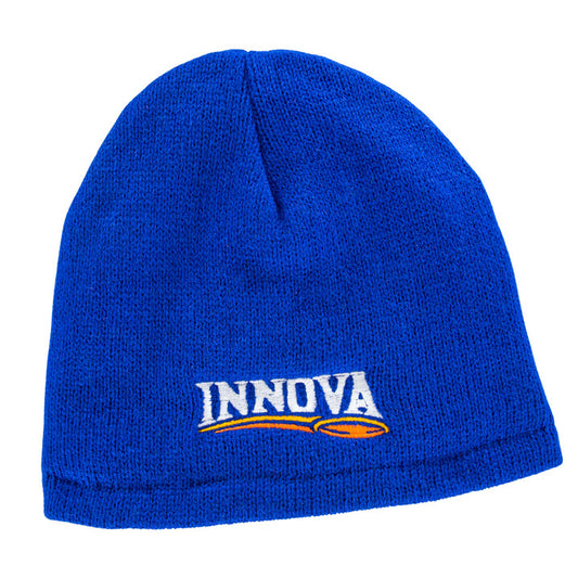 Innova Trailhead Fleece-Lined Beanie Disc Golf Hat Blue with white yellow and orange logo