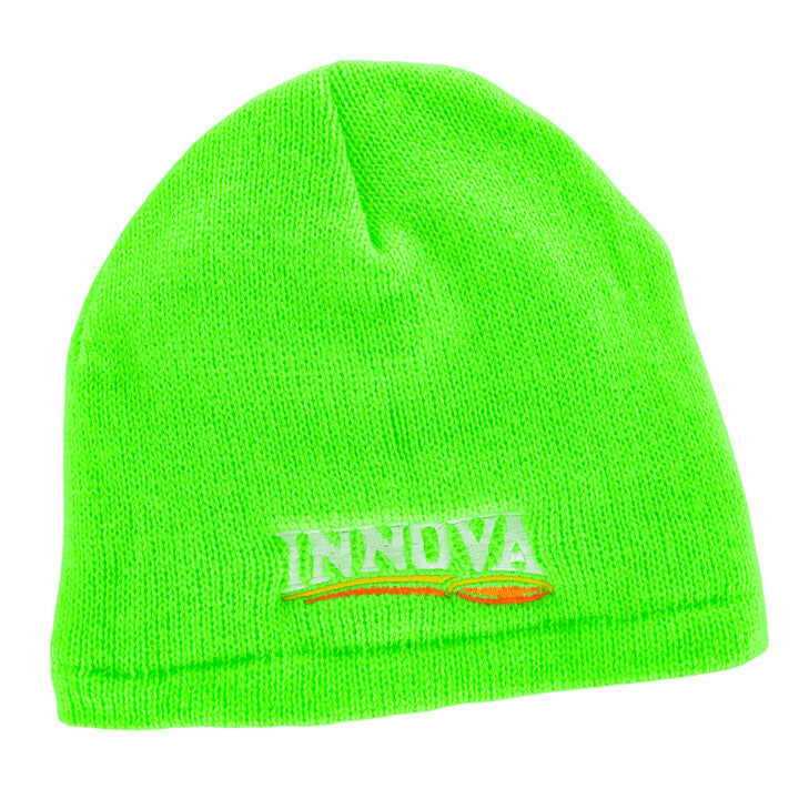 Innova Trailhead Fleece-Lined Beanie Disc Golf Hat Lime Green with white yellow and orange logo