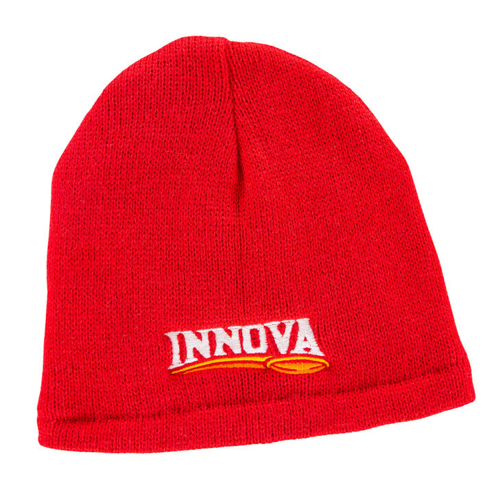 Innova Trailhead Fleece-Lined Beanie Disc Golf Hat Red with white yellow and orange logo
